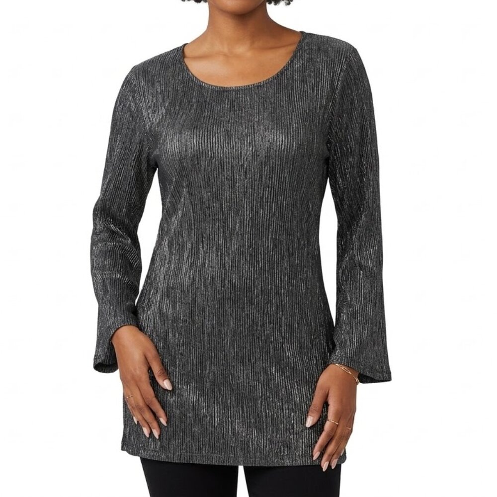 Cable & Gauge Silver Black Micro Pleat Bell Sleeve Top Textured Blouse XL Goth